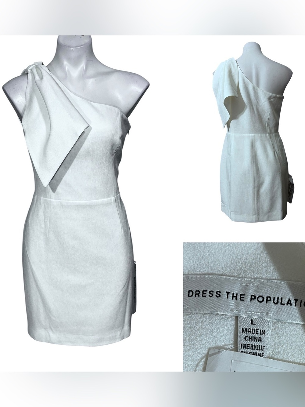 Dress the Population White One-Shoulder Mini Dress Bow Detail cocktail prom